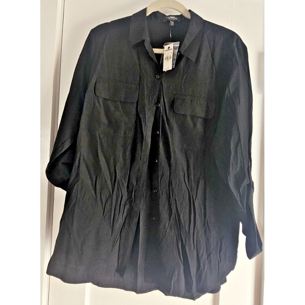 NWT EXPRESS THE CITY SHIRT roll tab sleeve black woman L polyester viscose blend